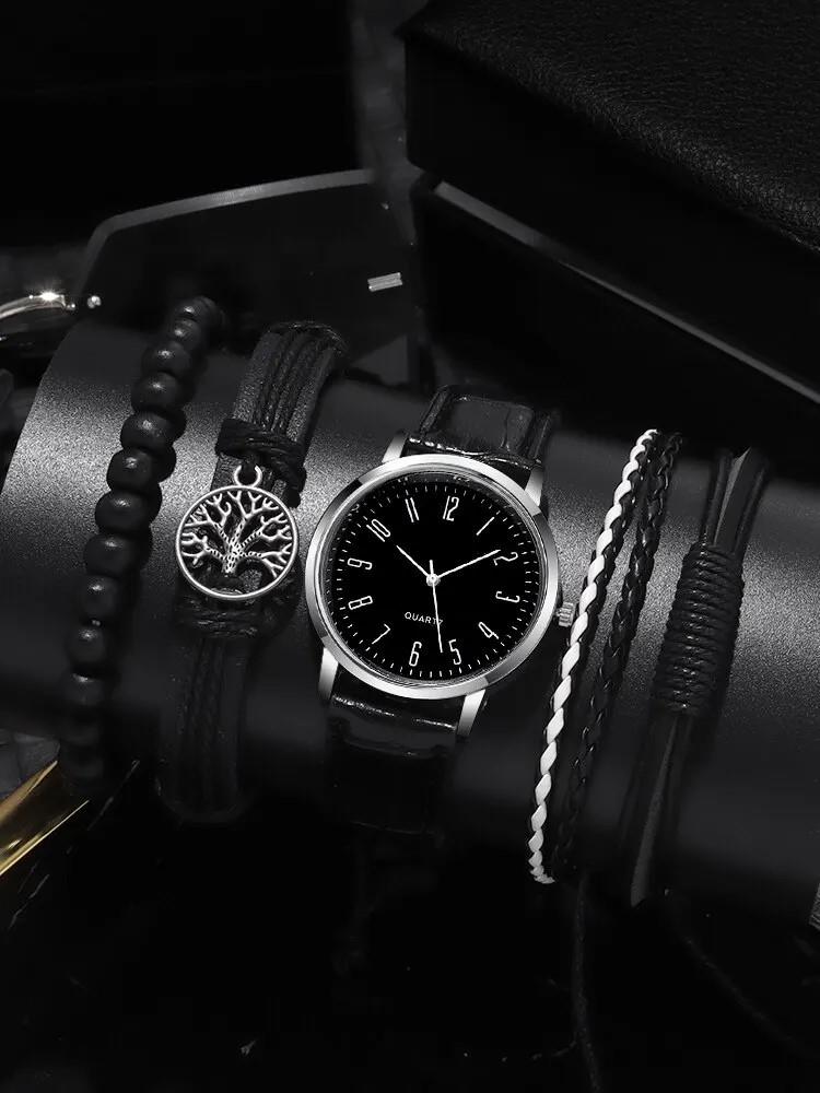 Erkekler İçin Moda Bileklikler ve Saat İçeren 5 Parçalık Hediyelik Set