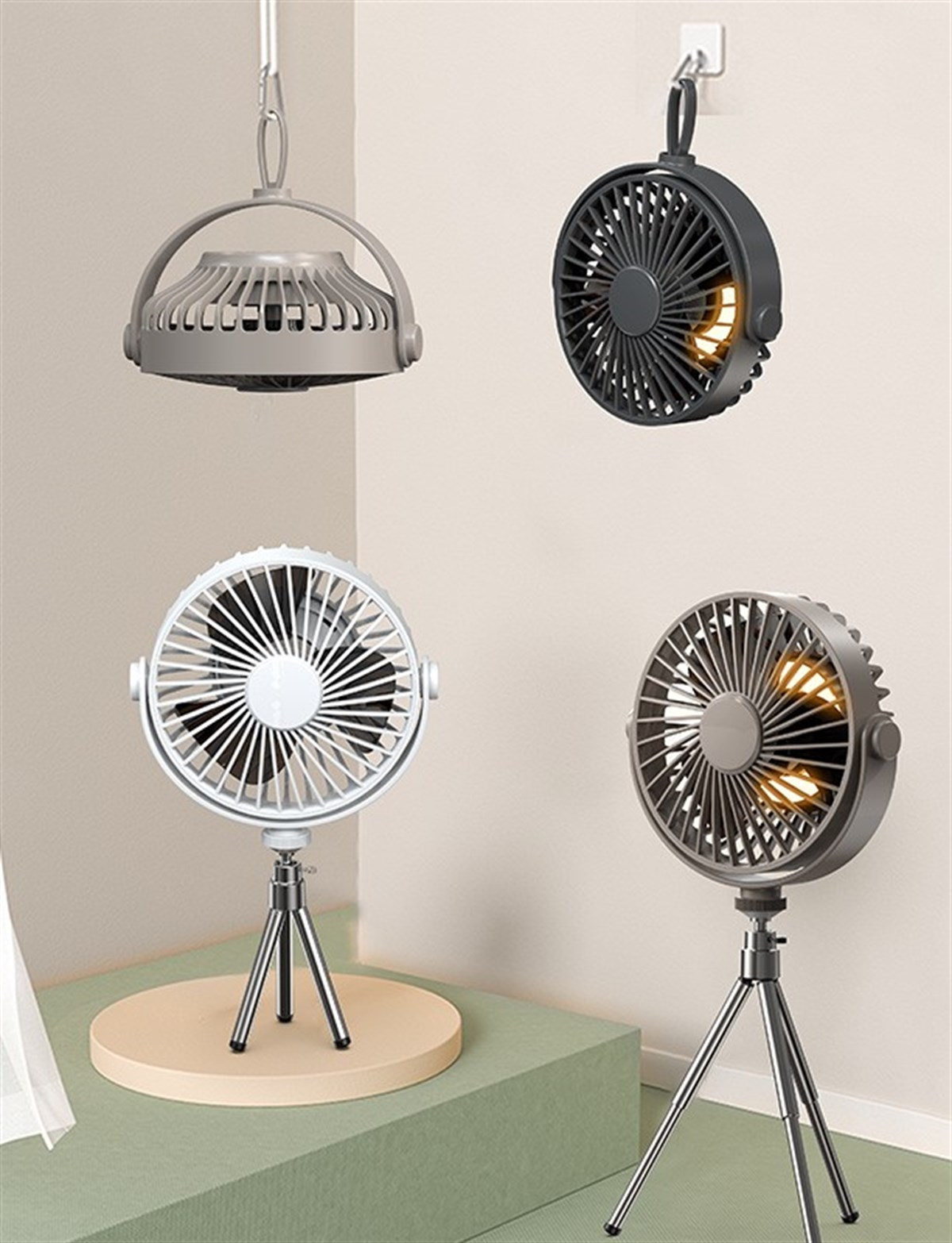 Gece Işığı ile Şarj Edilebilir Taşınabilir Açık Kamp Dilsiz Fan