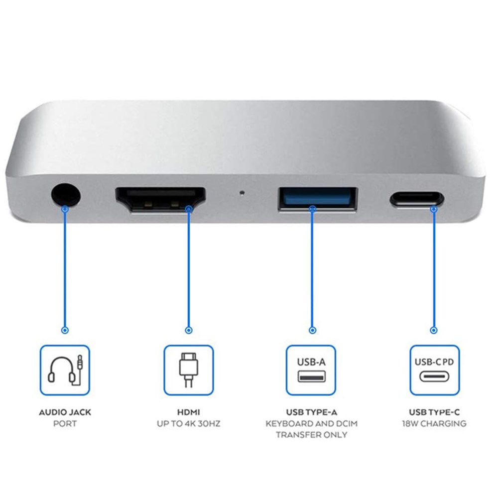 İPad Pro Hub USB-C - HDMI + 3.5 + USB + PD Hub Type-C Bağlantı İstasyonu Gri