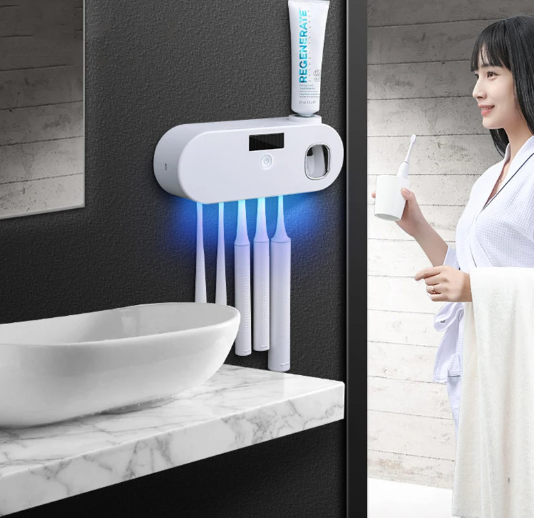 Kolay diş macunu sıkacağıyla akıllı UV diş fırçası tutucusu
