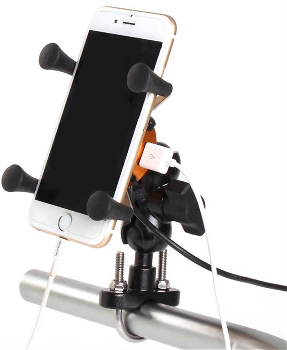 Motosiklet şarj edilebilir X-şekilli cep telefonu tutucusu usb şarj cihazı alüminyum alaşımlı cep telefonu tutucusu, usb şarjlı