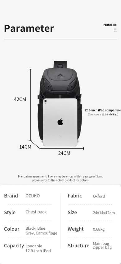 Ozuko 9730 Su Geçirmez Erkek Spor Çapraz Göğüs Çantaları, Erkekler İçin Taktik Askılı Çanta 