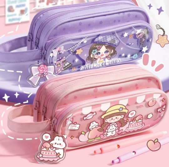 Sevimli Karikatür Tasarımlı Dayanıklı Pvc Büyük 3 Katmanlı Şeffaf Kalem Kutusu