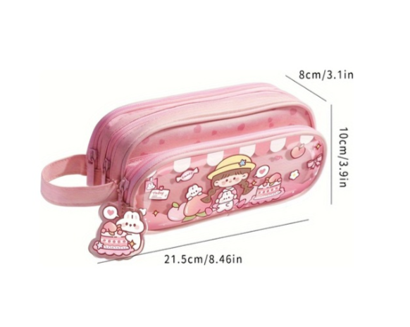 Sevimli Karikatür Tasarımlı Dayanıklı Pvc Büyük 3 Katmanlı Şeffaf Kalem Kutusu