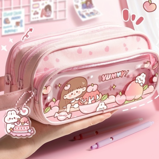 Sevimli Karikatür Tasarımlı Dayanıklı Pvc Büyük 3 Katmanlı Şeffaf Kalem Kutusu