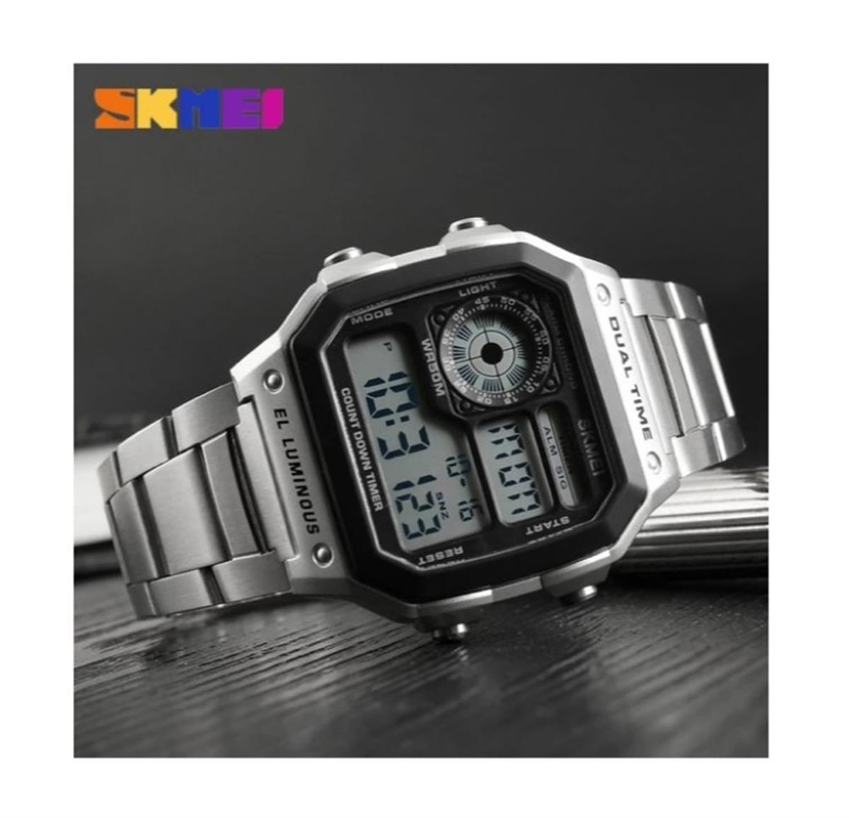 Skmei Erkek Kol Saati Dijital Spor Metal Kordon Işıklı Gümüş Renk