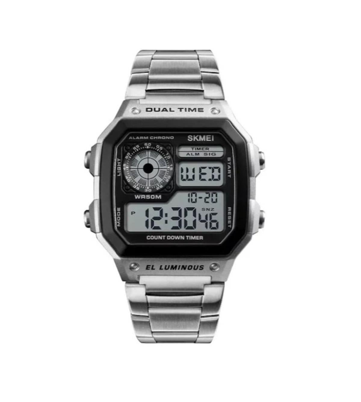 Skmei Erkek Kol Saati Dijital Spor Metal Kordon Işıklı Gümüş Renk
