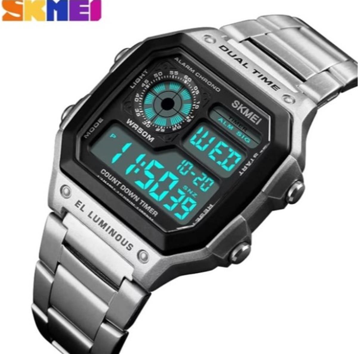 Skmei Erkek Kol Saati Dijital Spor Metal Kordon Işıklı Gümüş Renk