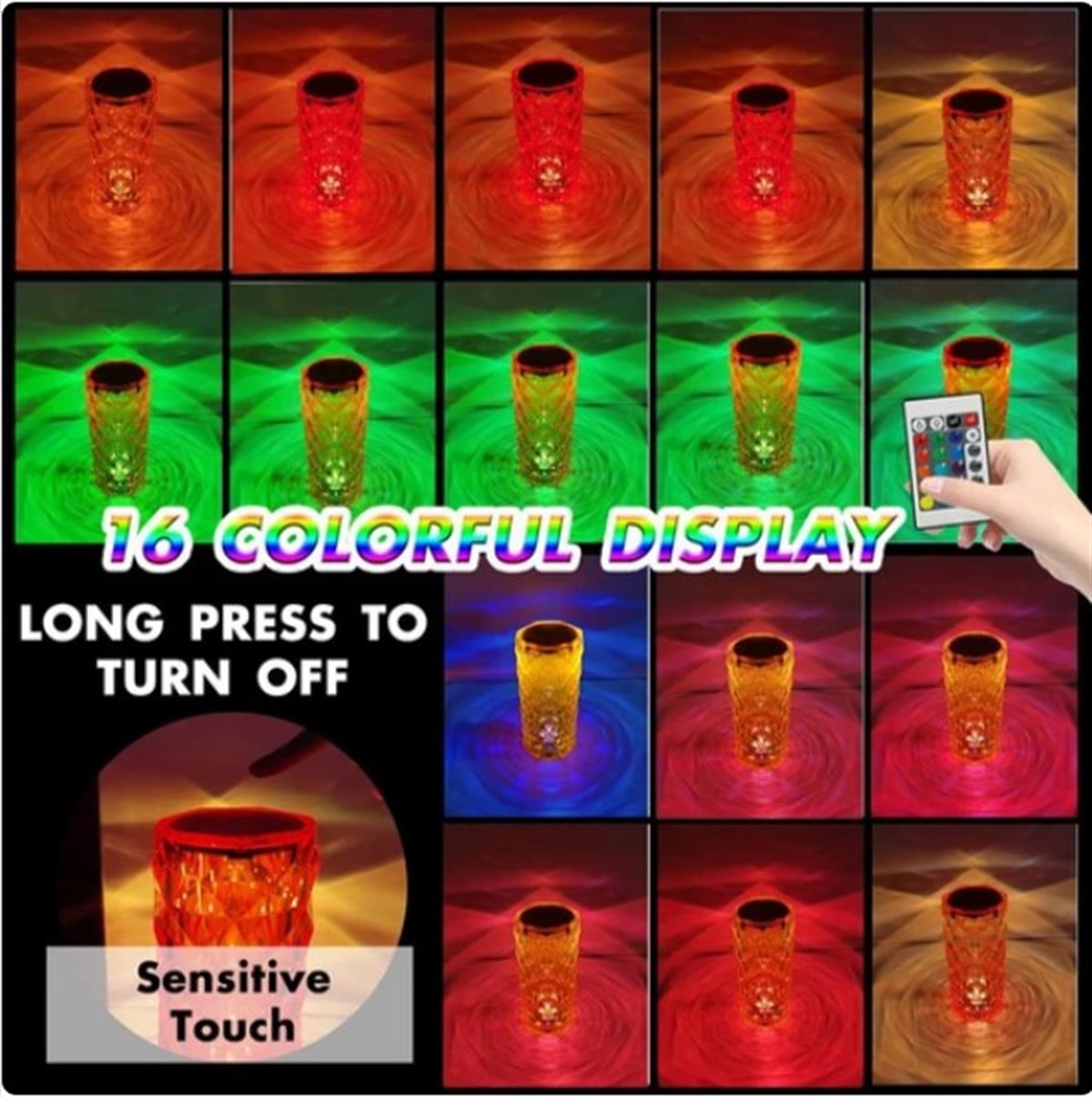 Skyline Store 16 Renkli Romantik Gül Işık Kristal Elmas Masa Gece Lambası