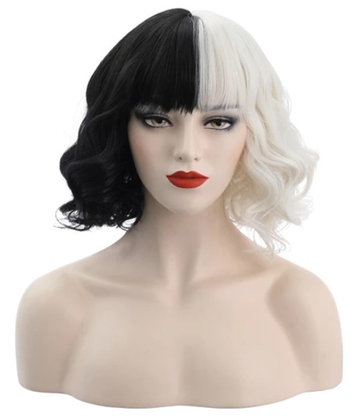 SW Future Cruella Peruk Cruella De Vil Emma Stone Bayan Spot Kısa Siyah Beyaz Kıvırcık Peruk