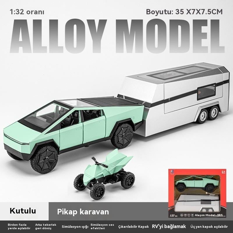 Tcherchi 1:32 Tesla Cybertruck Karavan + Atv Model Oyuncak Araba 