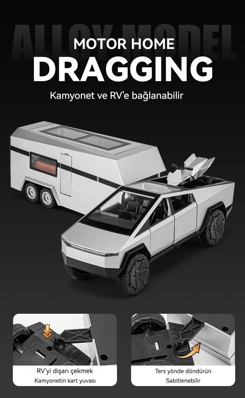 Tcherchi 1:32 Tesla Cybertruck Karavan + Atv Model Oyuncak Araba 