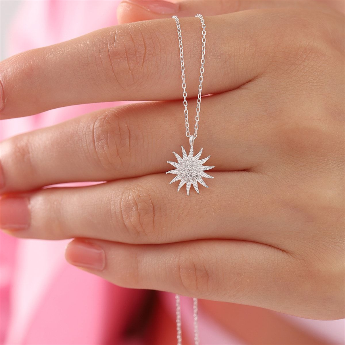Tcherchi 925 Ayar Gümüş Zincirli Rose Kaplama Zirkon Beyaz Taşlı Güneş Model Kolye bilsen4