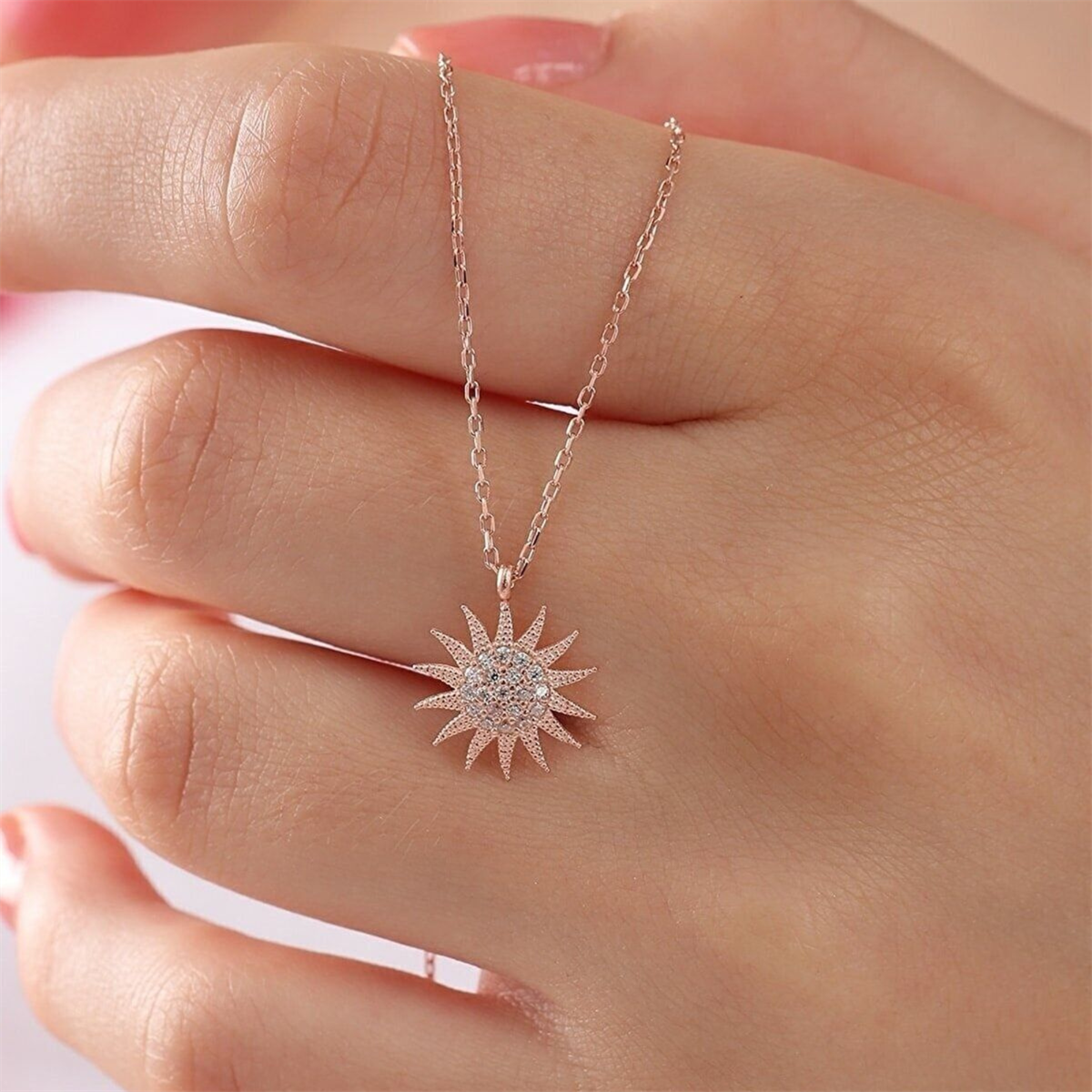 Tcherchi 925 Ayar Gümüş Zincirli Rose Kaplama Zirkon Beyaz Taşlı Güneş Model Kolye bilsen4