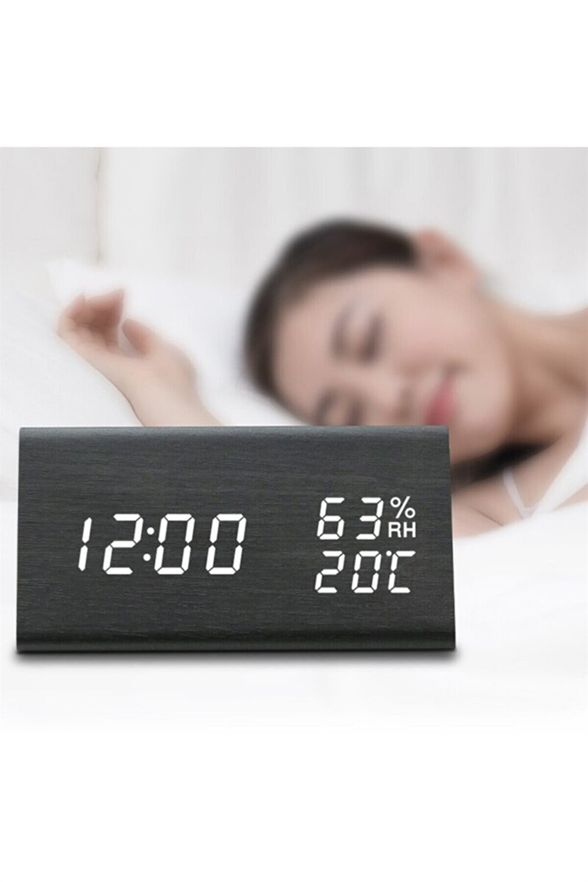 Tcherchi Dereceli Nem Ölçerli Alarmlı Ahşap Masa Saati SİYAH