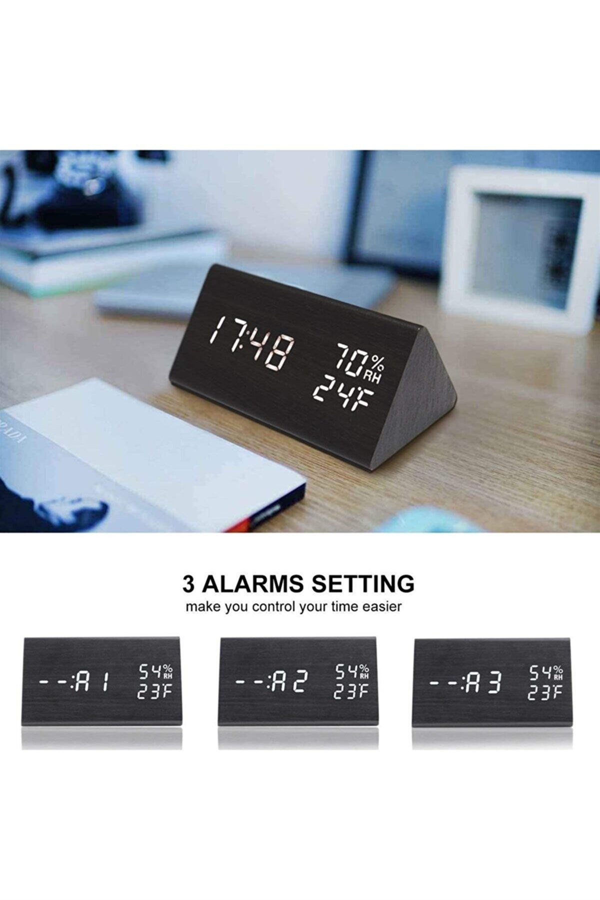 Tcherchi Dereceli Nem Ölçerli Alarmlı Ahşap Masa Saati SİYAH