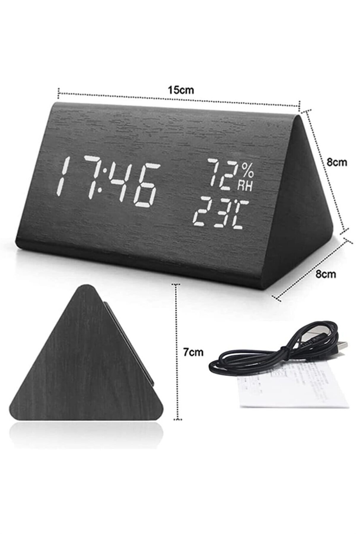 Tcherchi Dereceli Nem Ölçerli Alarmlı Ahşap Masa Saati SİYAH