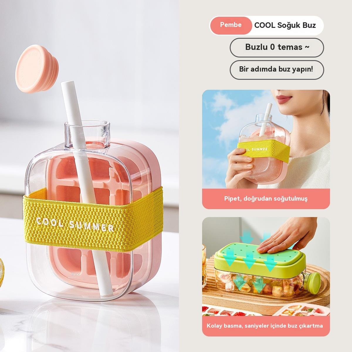 Tcherchi IceBottle 2'si 1 Arada – Buz Küpü + Taşınabilir Su Şişesi, Serin Yaz İçin Pipetli Buz Küpü Kalıp Su Şişesi