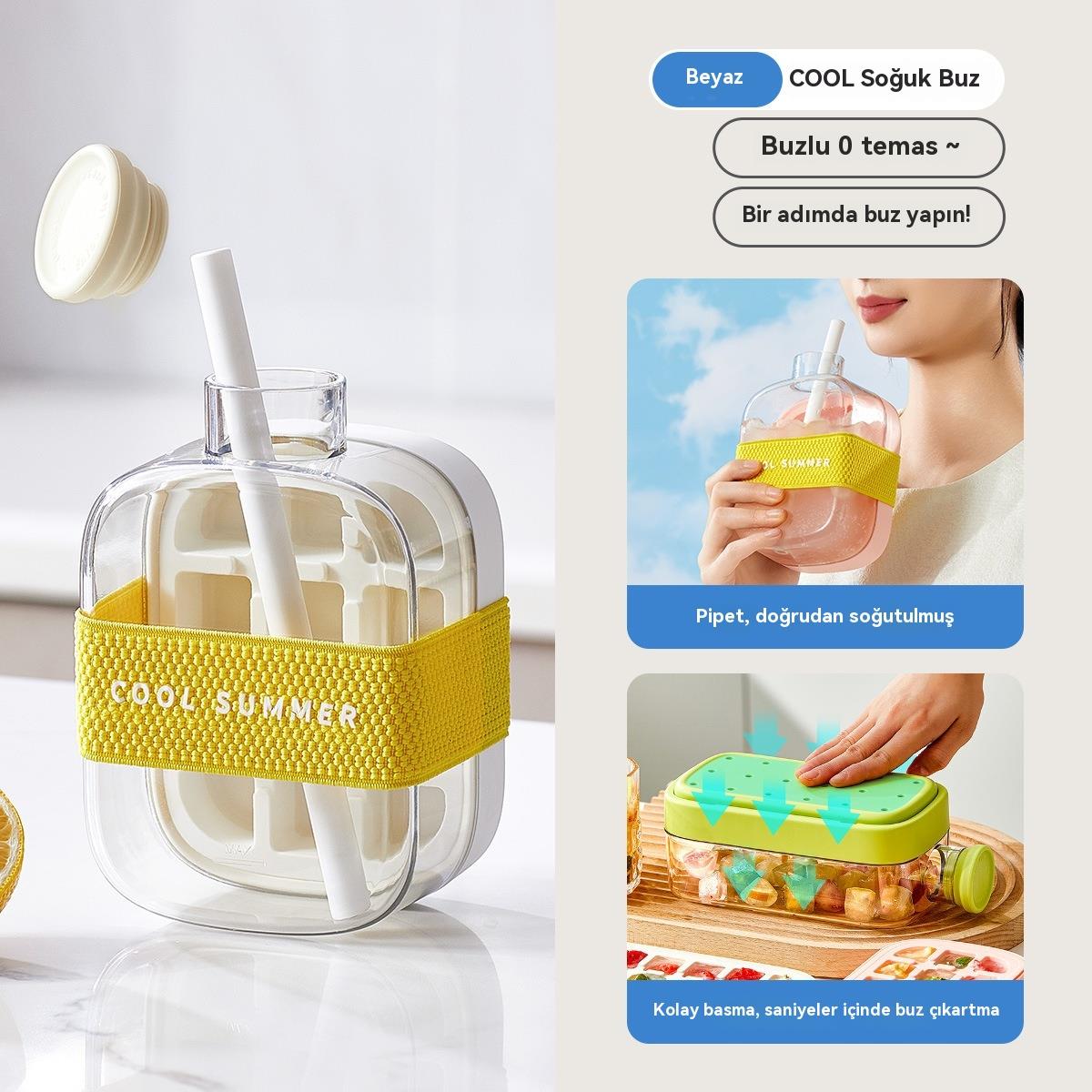 Tcherchi IceBottle 2'si 1 Arada – Buz Küpü + Taşınabilir Su Şişesi, Serin Yaz İçin Pipetli Buz Küpü Kalıp Su Şişesi