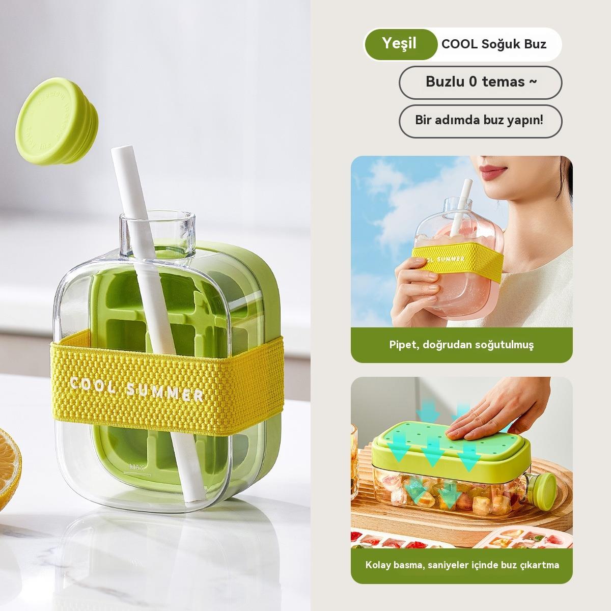 Tcherchi IceBottle 2'si 1 Arada – Buz Küpü + Taşınabilir Su Şişesi, Serin Yaz İçin Pipetli Buz Küpü Kalıp Su Şişesi