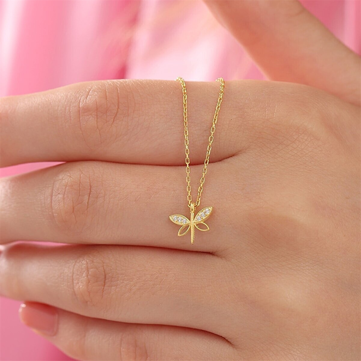 Tcherchi Kadın 925 Ayar Gümüş Zincirli Beyaz Zirkon Taşlı Minimal Yusufçuk Kolye bilsen3