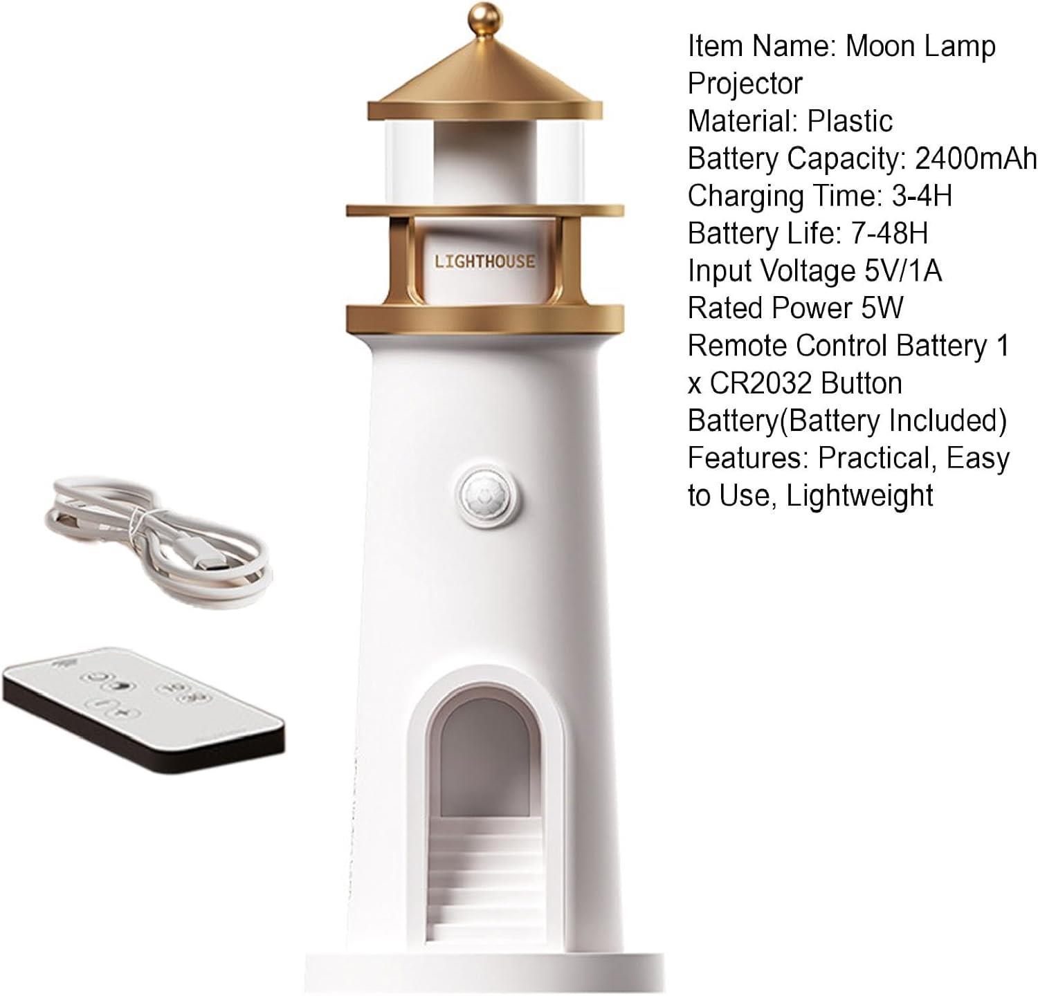 Tcherchi LED Deniz Feneri Ay Lambası Projektör Gece Lambası,Şarj Edilebilir Ay Işığı Projeksiyon Gece Lambası