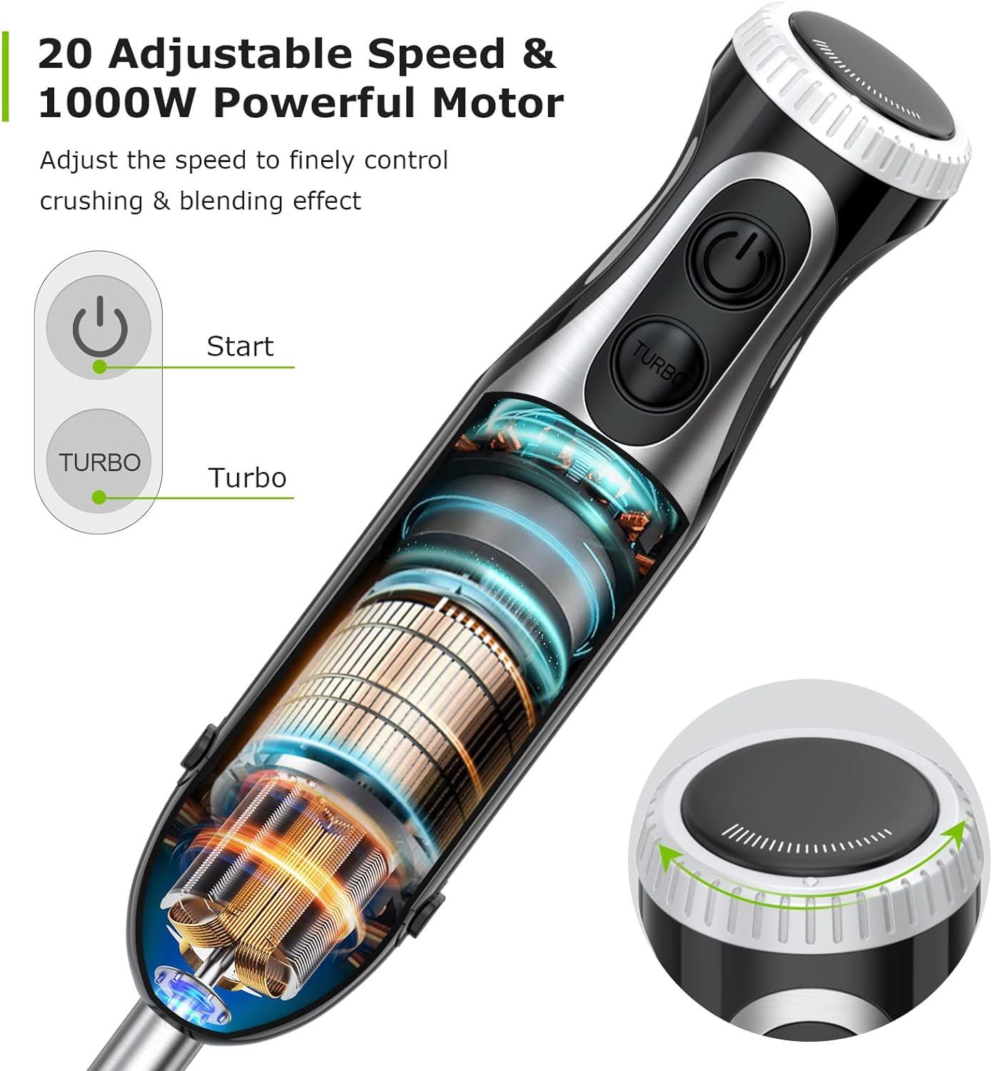 Tcherchi Püre çubuğu, 4'ü 1 arada el mikseri, elektrikli, 1000 W kademesiz hız püresi çubuğu, paslanmaz çelik, çırpma teli, 500 ml doğrayıcı ve 700 ml ölçüm kabı