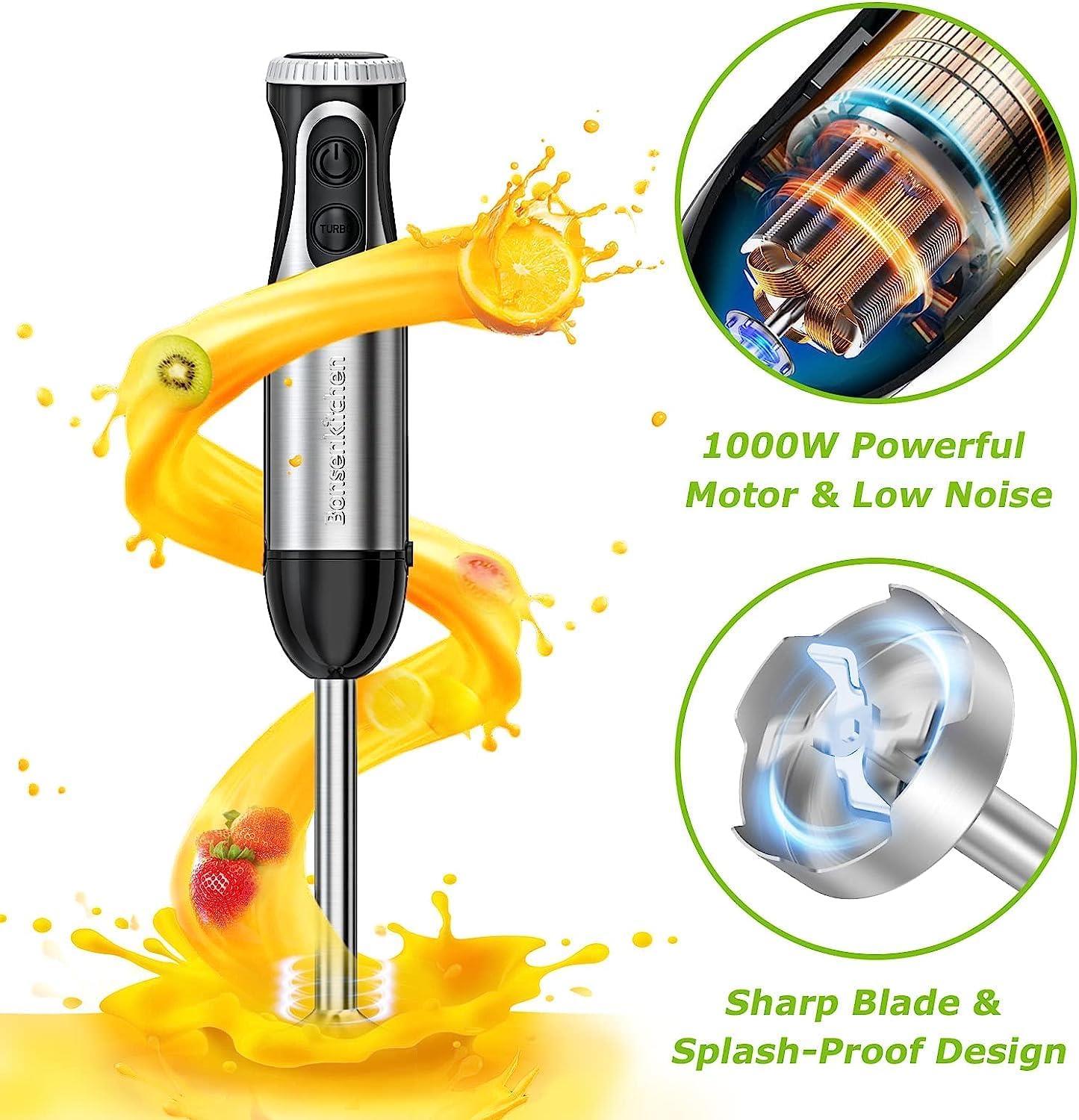 Tcherchi Püre çubuğu, 4'ü 1 arada el mikseri, elektrikli, 1000 W kademesiz hız püresi çubuğu, paslanmaz çelik, çırpma teli, 500 ml doğrayıcı ve 700 ml ölçüm kabı