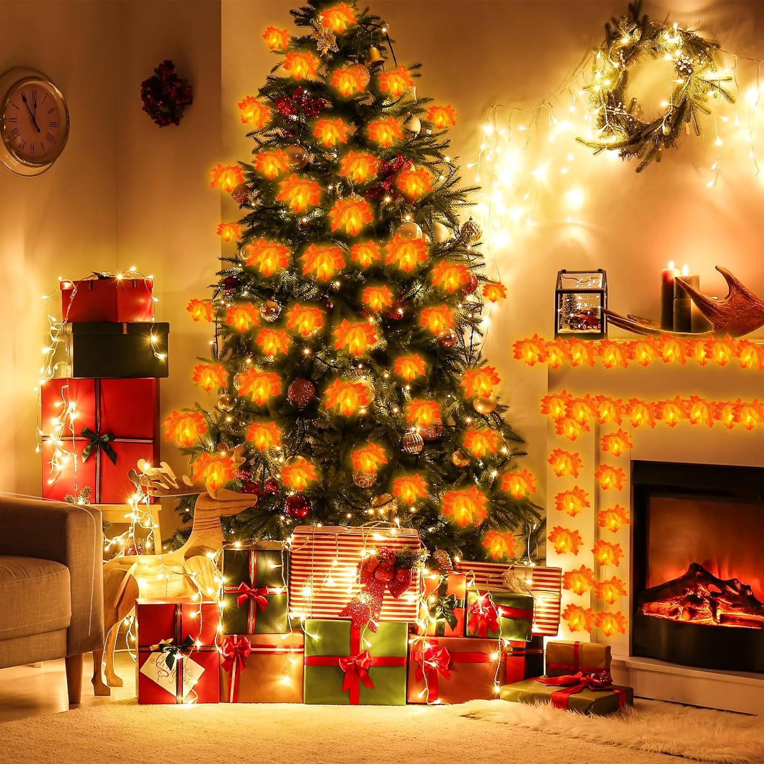 Tcherchi Sonbahar Ev Dekoru Akçaağaç Yaprak Kabak Feneri, 3D Kabak Sonbahar Yaprakları Çelenk Işıkları, Şömine İçin Uygun