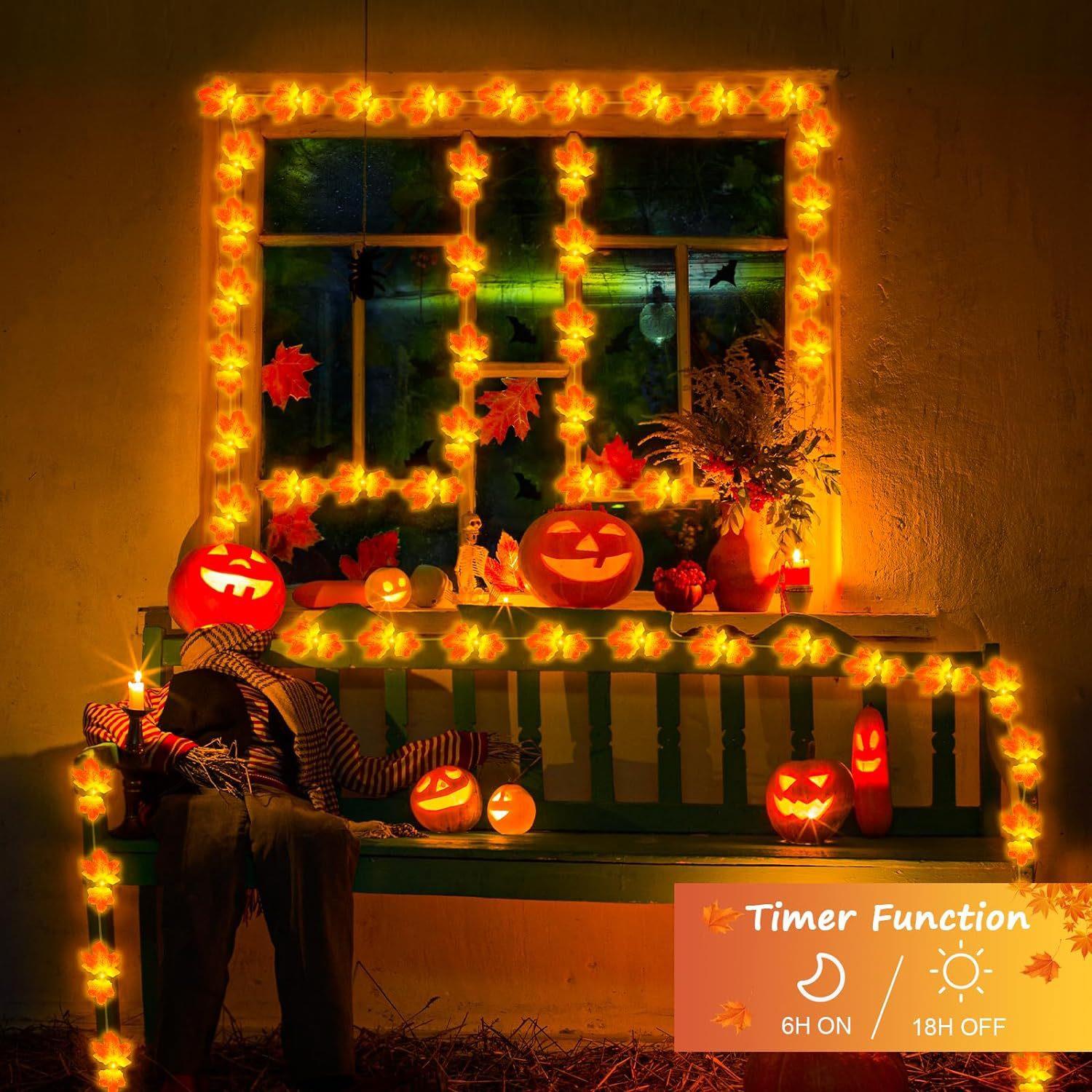 Tcherchi Sonbahar Ev Dekoru Akçaağaç Yaprak Kabak Feneri, 3D Kabak Sonbahar Yaprakları Çelenk Işıkları, Şömine İçin Uygun