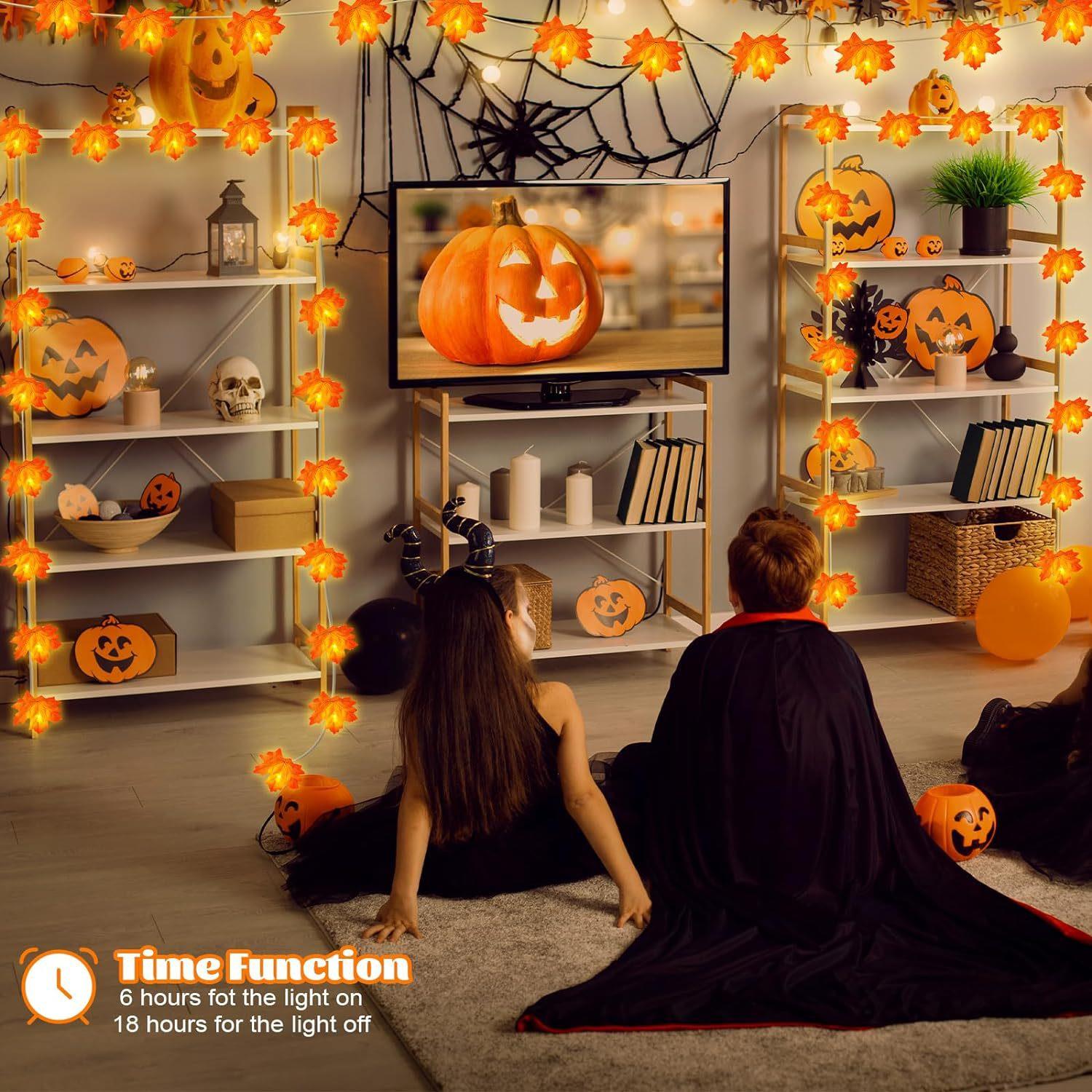 Tcherchi Sonbahar Ev Dekoru Akçaağaç Yaprak Kabak Feneri, 3D Kabak Sonbahar Yaprakları Çelenk Işıkları, Şömine İçin Uygun