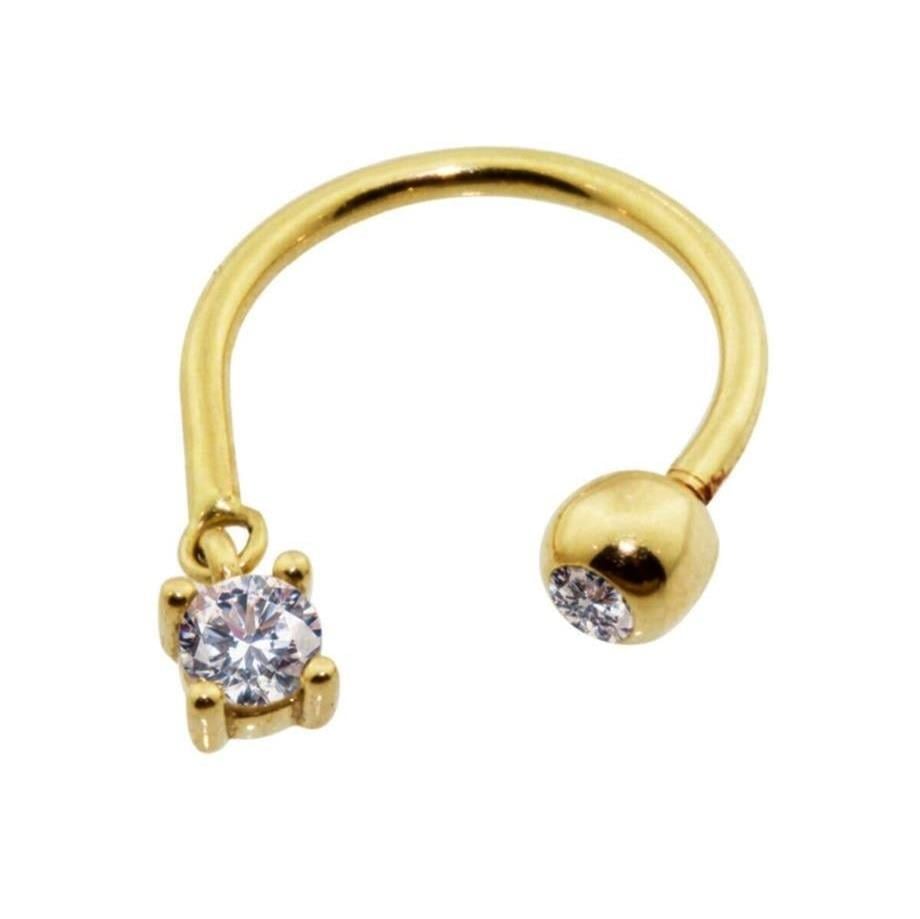 Altın Taş Sallantılı Minimal Yarım Halka Piercing 14 Ayar Sarı