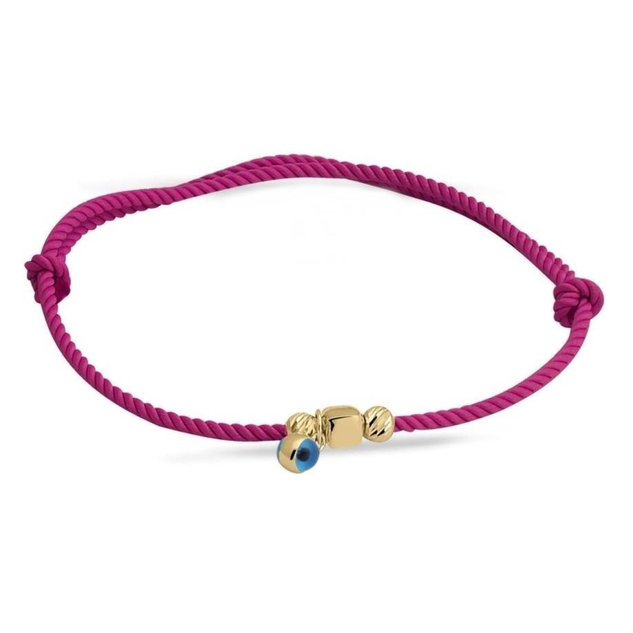 Fuşya İpli Küp Dorikalı Göz Boncuklu 14 Ayar Altın