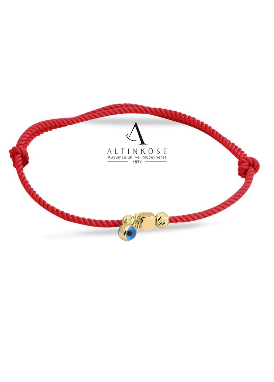 KIRMIZI İPLİ KÜP DORİKALI GÖZ BONCUKLU 14 AYAR ALTIN