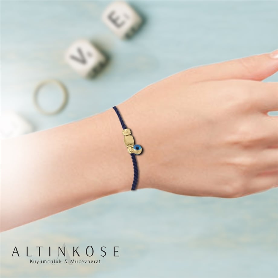 LACİVERT İPLİ KÜP DORİKALI GÖZ BONCUKLU 14 AYAR ALTIN