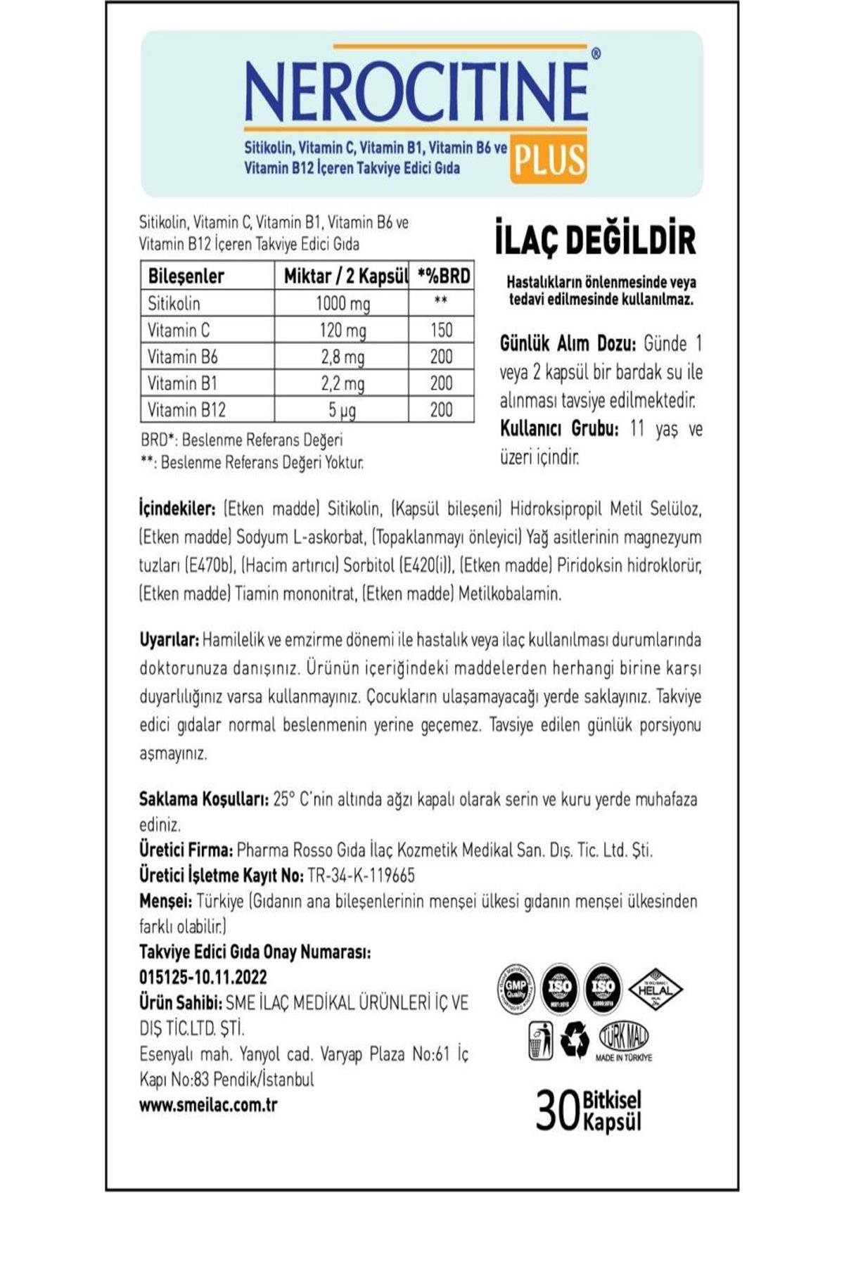 Nerocitine Plus (Sitikolin, Vitamin C, Vitamin B1, Vitamin B6 Ve Vitamin B12 İçeren Takviye Edici Gıda)
