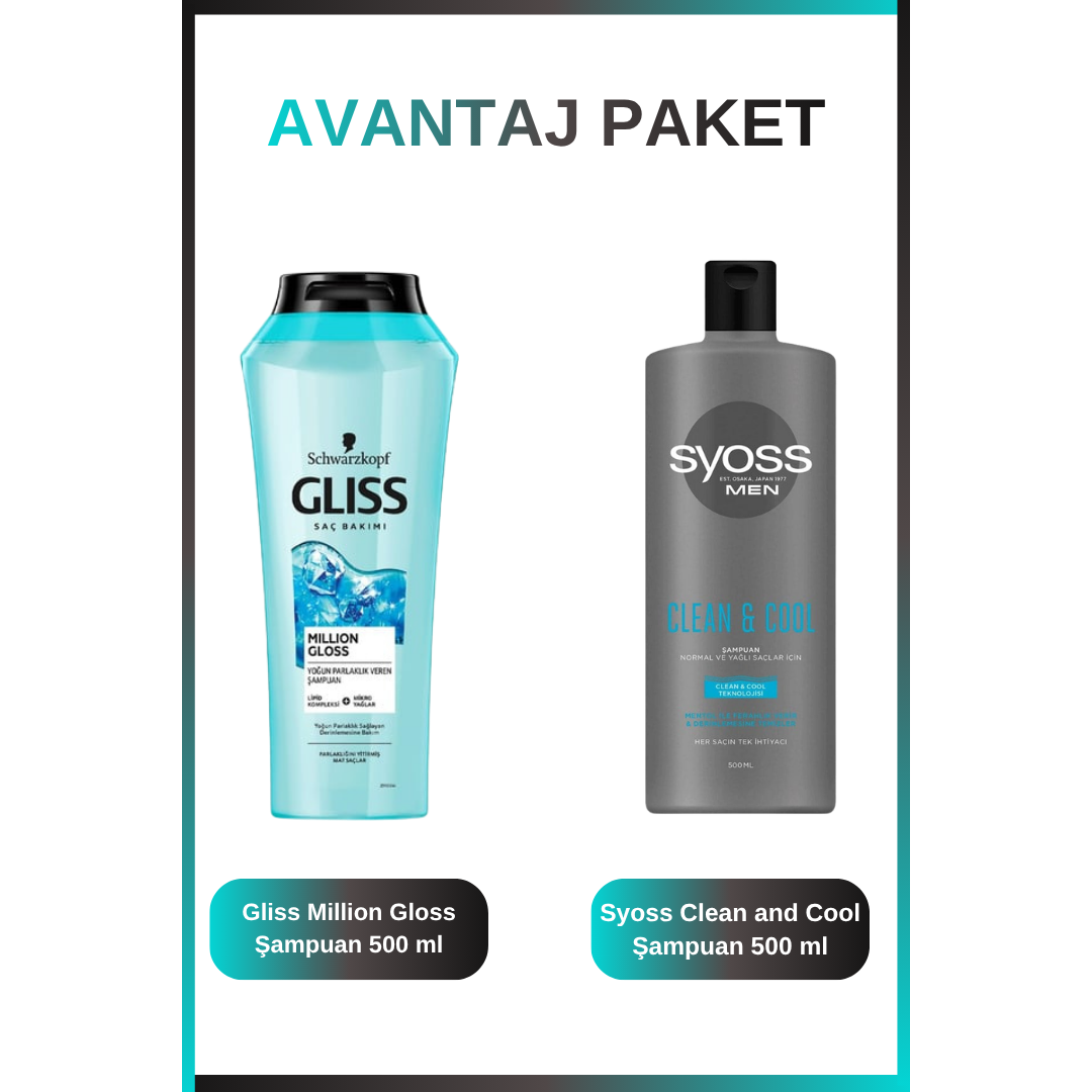 Gliss Million Gloss Şampuan 500 ml & Men Clean and Cool Şampuan 500 ml