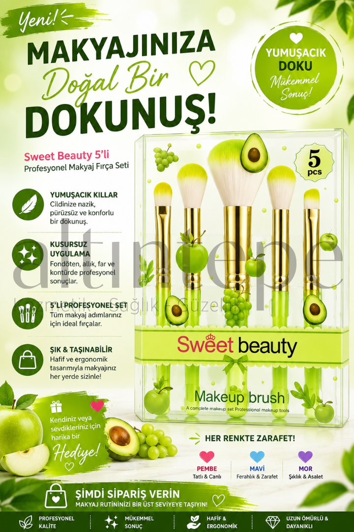 Sweet Beauty 5'li Makeup Brush Yeşil Meyveli Set
