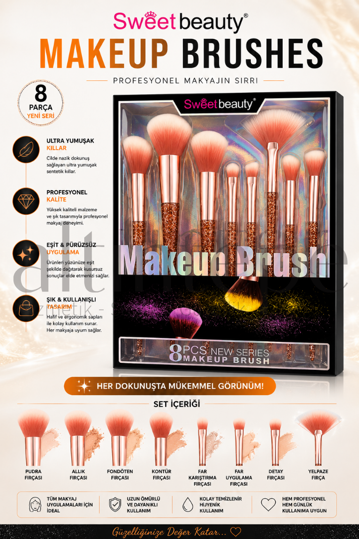 Sweet Beauty Pembe Simli 8'li Makeup Brush 