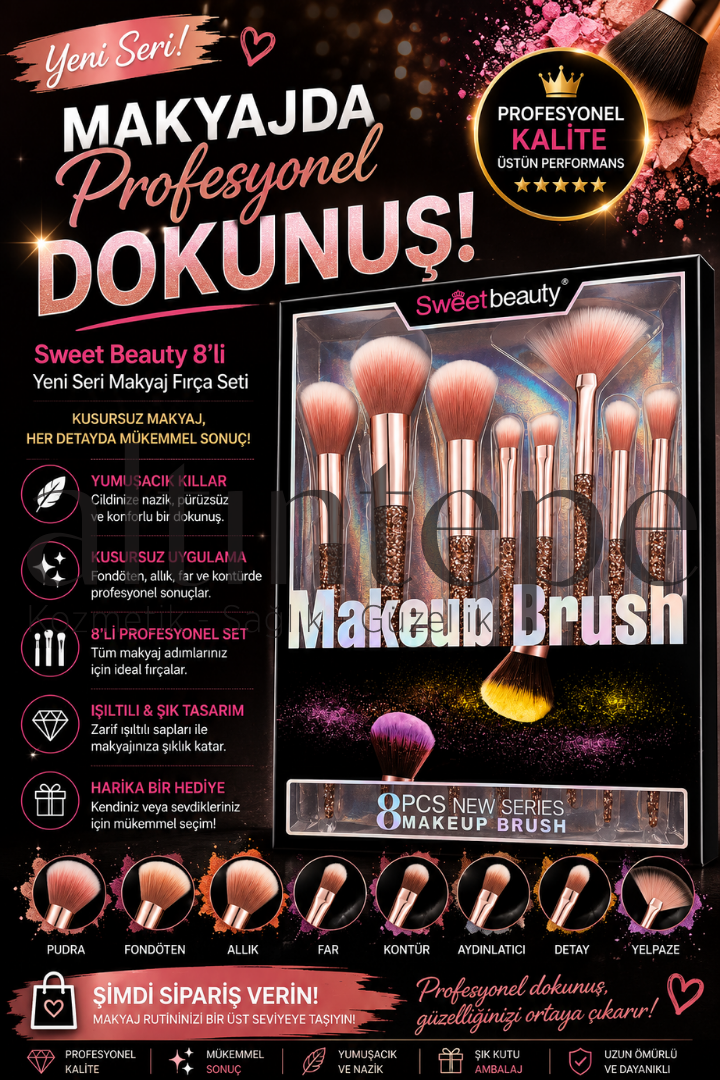 Sweet Beauty Pembe Simli 8'li Makeup Brush 