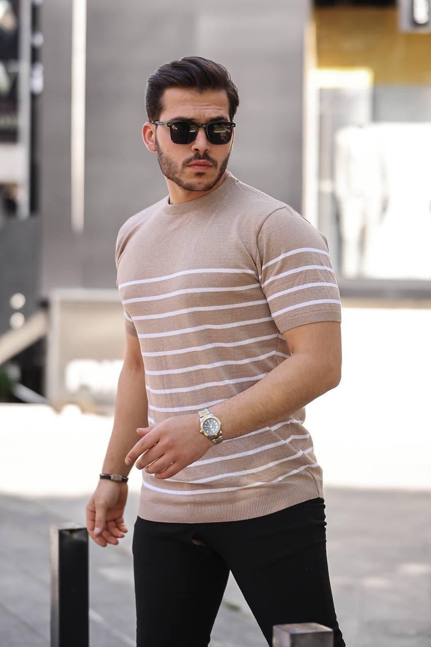T-SHİRTBej Çizgili Basic Örme Triko Tshirt  | VİP LOKAL1365-BejBej Çizgili Basic Örme Triko Tshirt