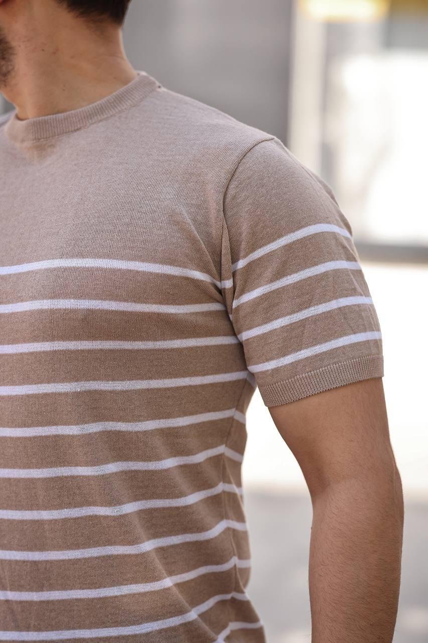 T-SHİRTBej Çizgili Basic Örme Triko Tshirt  | VİP LOKAL1365-BejBej Çizgili Basic Örme Triko Tshirt
