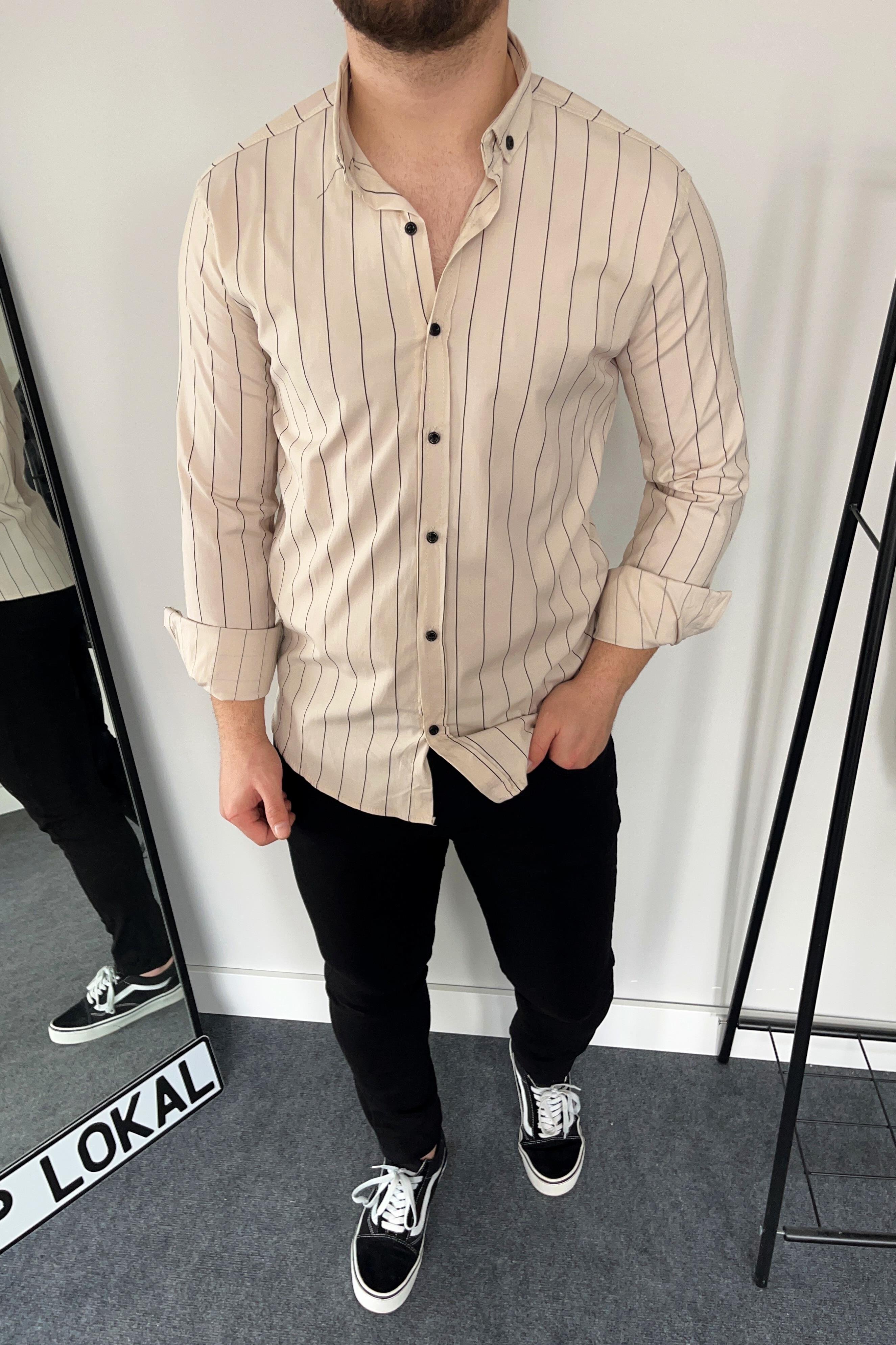 GÖMLEKBej Slim Fit Çizgili Poplin Gömlek | VİP LOKAL1287-BejBej Slim Fit Çizgili Poplin Gömlek