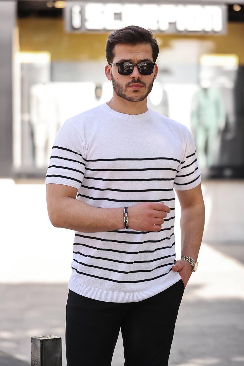 T-SHİRTBeyaz Çizgili Basic Örme Triko Tshirt  | VİP LOKAL1365-BeyazBeyaz Çizgili Basic Örme Triko Tshirt