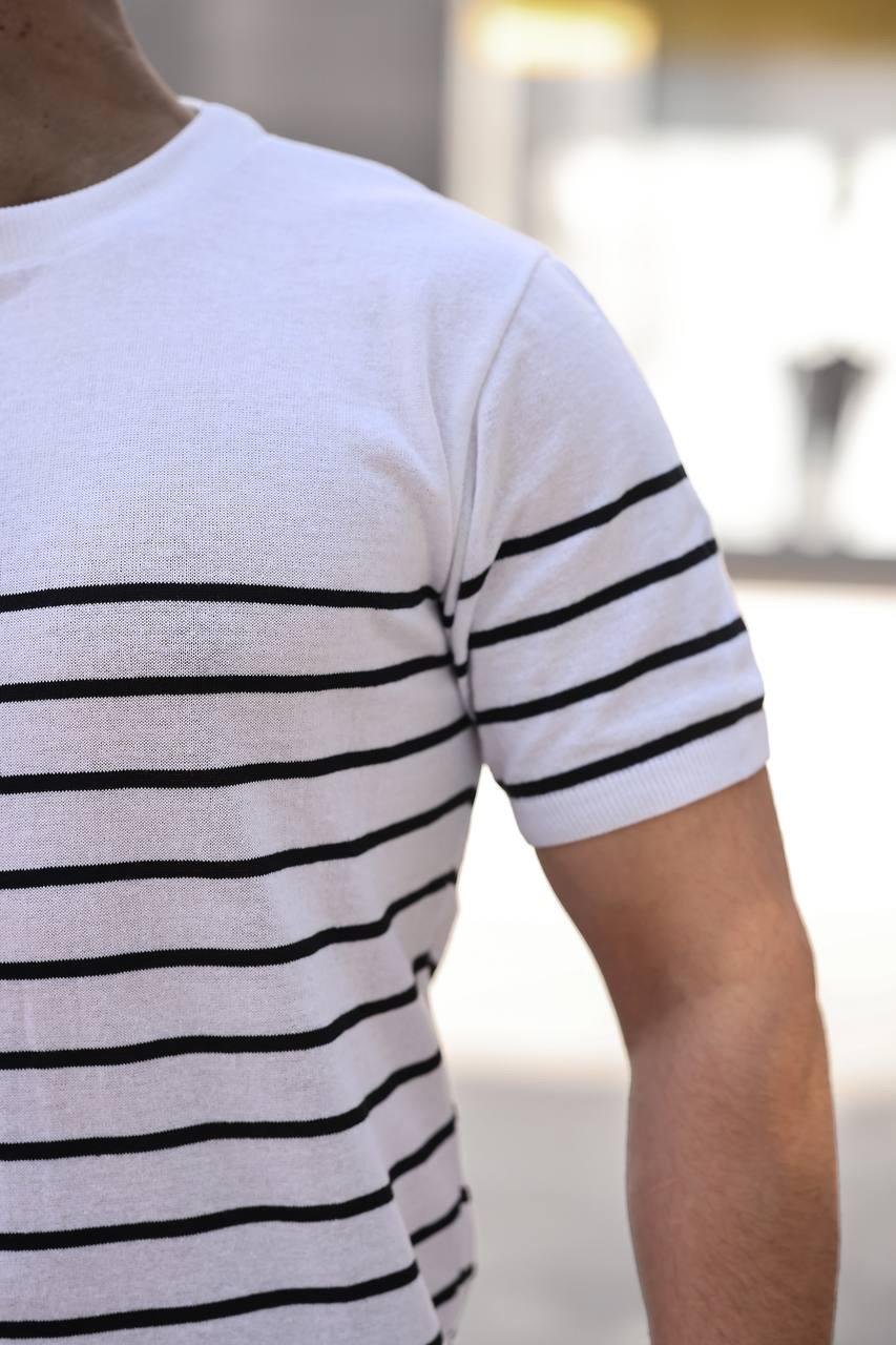T-SHİRTBeyaz Çizgili Basic Örme Triko Tshirt  | VİP LOKAL1365-BeyazBeyaz Çizgili Basic Örme Triko Tshirt