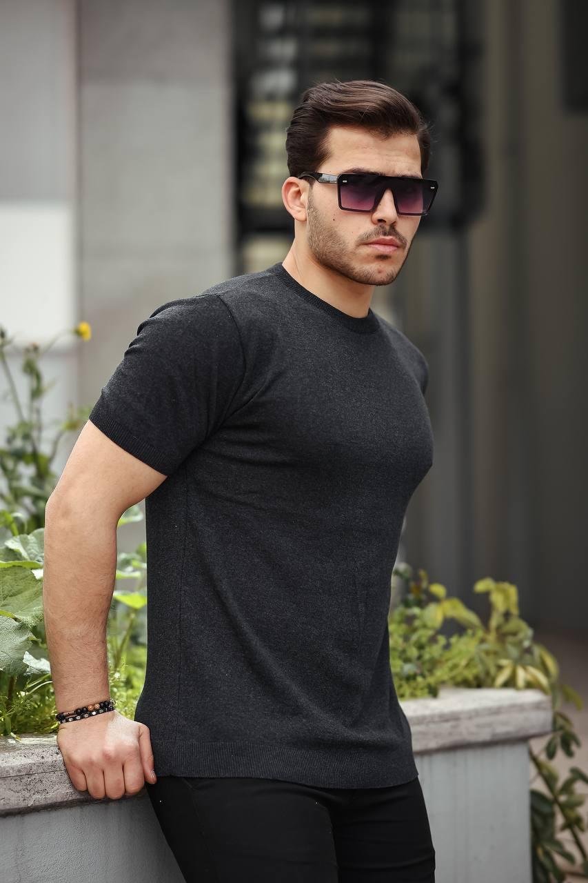 T-SHİRTFüme Basic Örme Triko Tshirt  | VİP LOKAL1364-FümeFüme Basic Örme Triko Tshirt