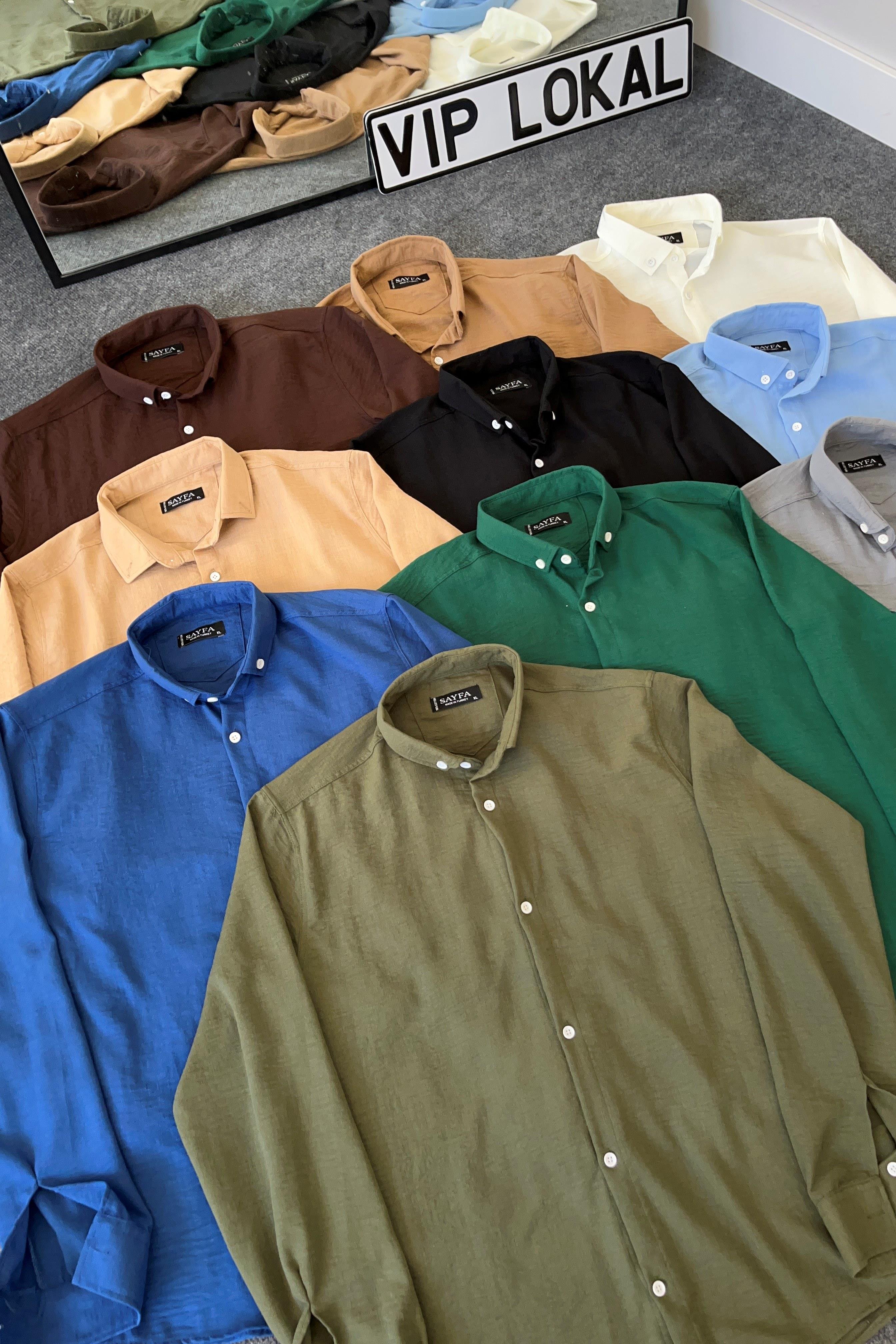 GÖMLEKHaki Yeşil Slim Fit Dar Kesim Düğmeli Yaka Dokulu Keten Gömlek | VİP LOKAL1317-HakiHaki Yeşil Slim Fit Dar Kesim Düğmeli Yaka Dokulu Keten Gömlek