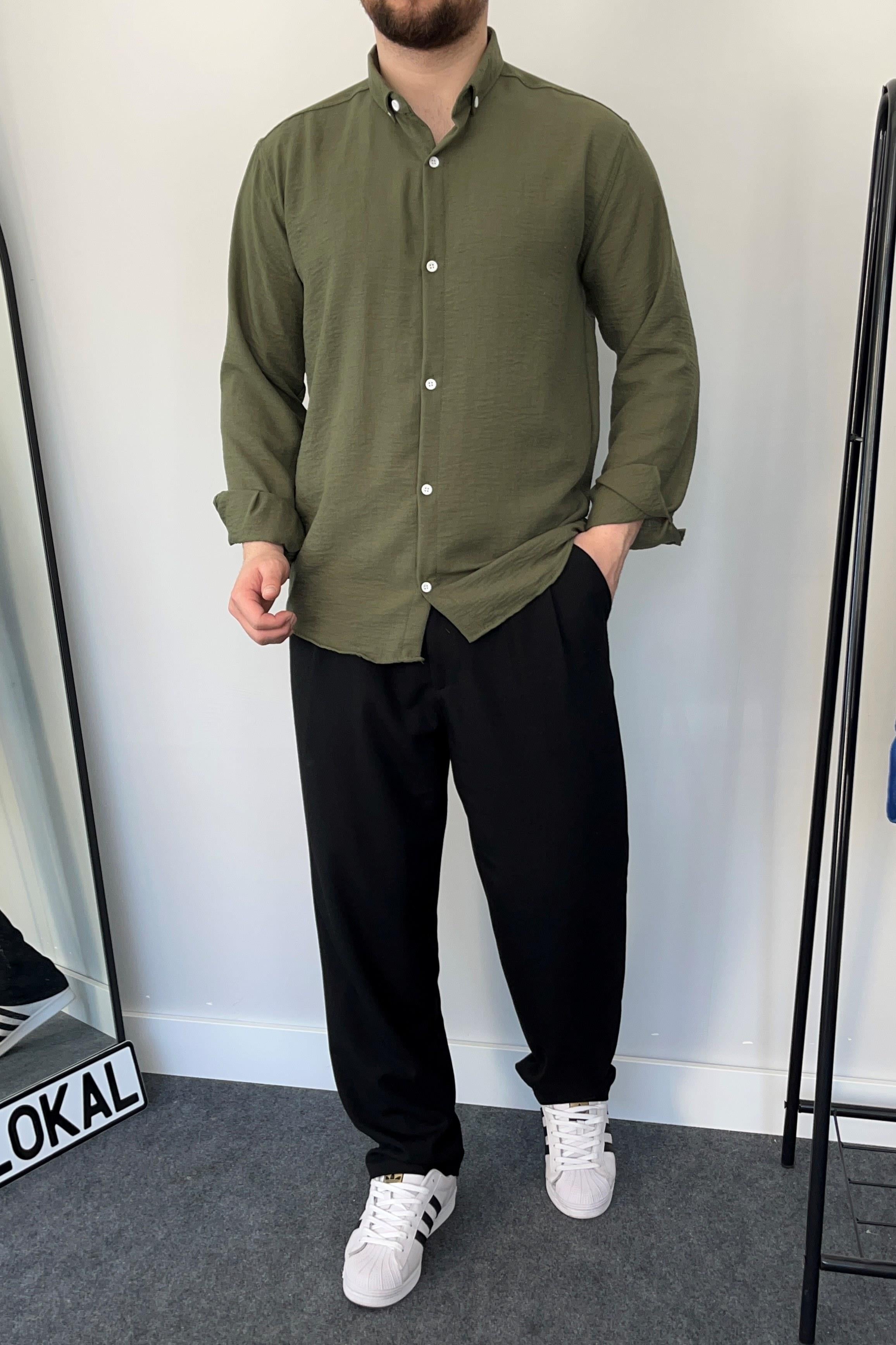 GÖMLEKHaki Yeşil Slim Fit Dar Kesim Düğmeli Yaka Dokulu Keten Gömlek | VİP LOKAL1317-HakiHaki Yeşil Slim Fit Dar Kesim Düğmeli Yaka Dokulu Keten Gömlek