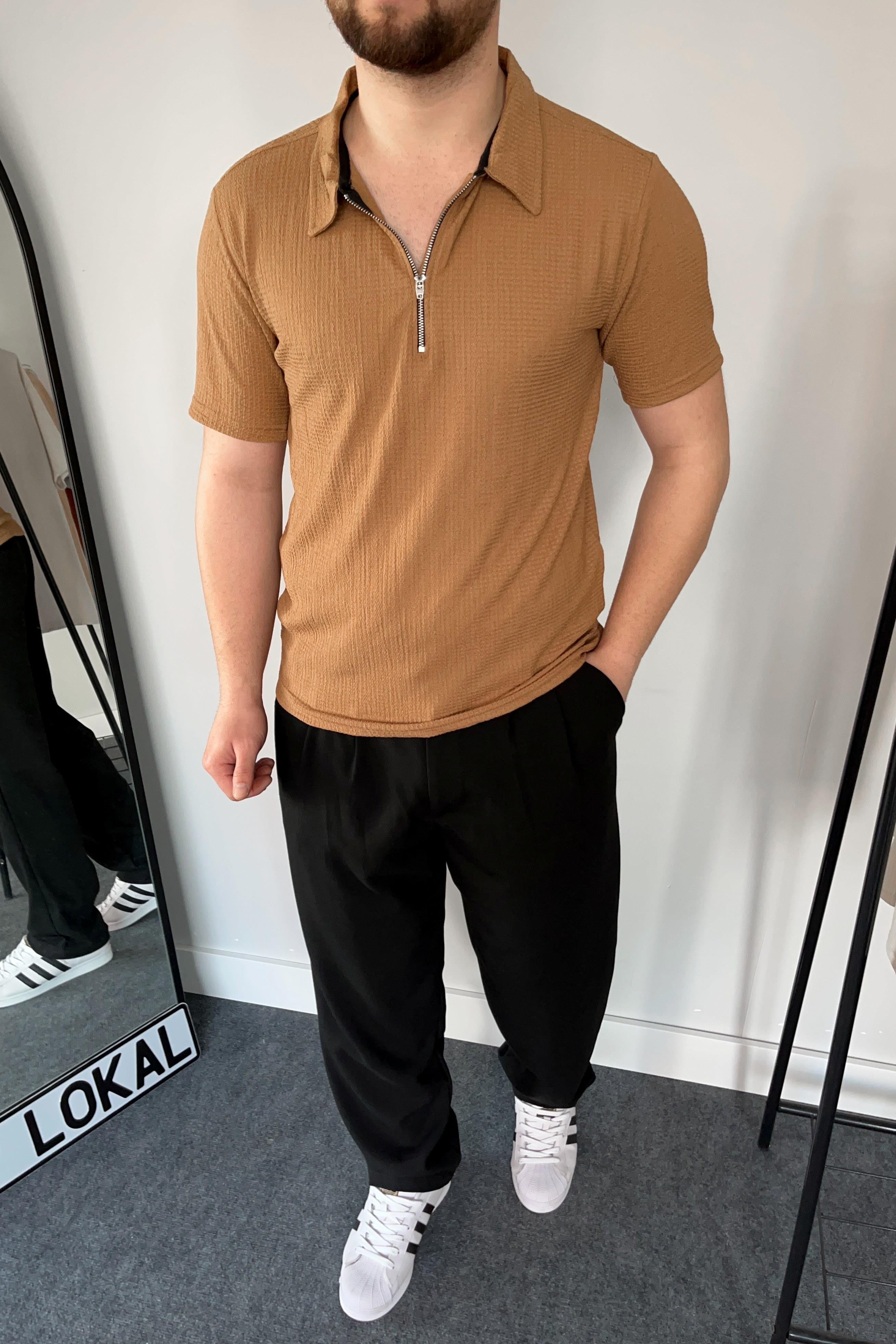 T-SHİRTKahve Fermuarlı Polo Yaka Ottoman Kumaş Tshirt | VİP LOKAL1306-KahveKahve Fermuarlı Polo Yaka Ottoman Kumaş Tshirt