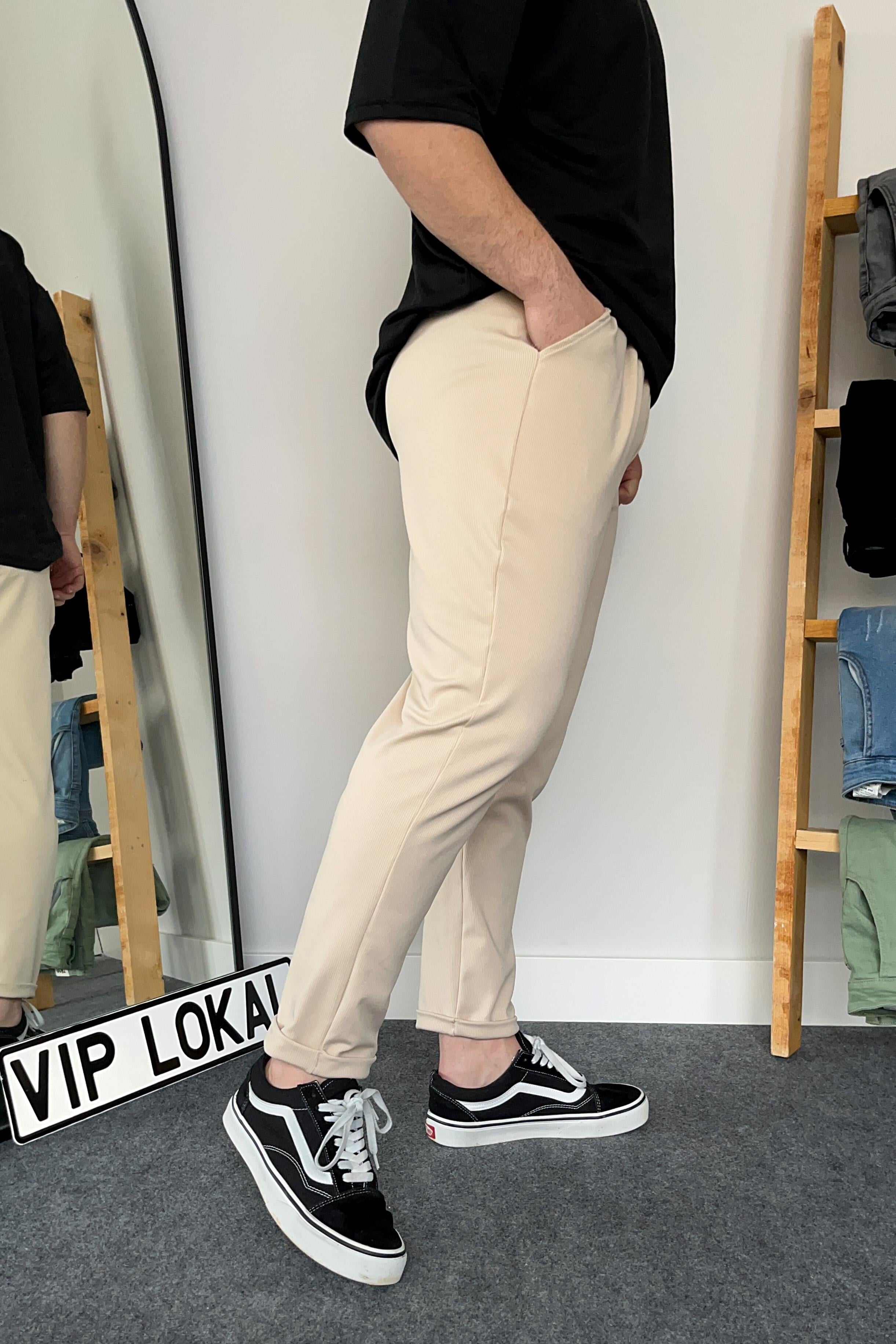 PANTOLON Krem Duble Paça Örme Kumaş Likralı Jogger | VİP LOKAL1282-KremKrem Duble Paça Örme Kumaş Likralı Jogger